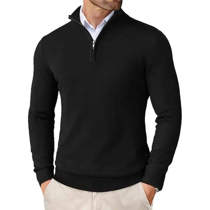 Fijngebreide slim fit herentrui met halve rits en opstaande kraag - zwart