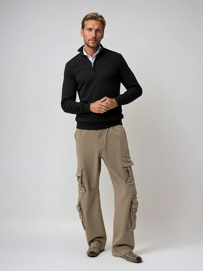 Fijngebreide slim fit herentrui met halve rits en opstaande kraag - beeld 2