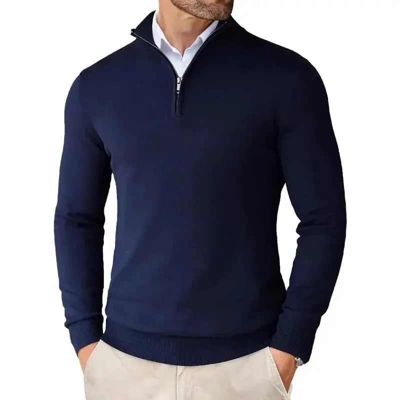 Fijngebreide slim fit herentrui met halve rits en opstaande kraag - marineblauw
