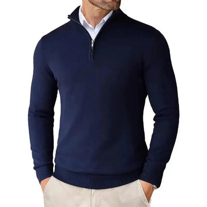 Fijngebreide slim fit herentrui met halve rits en opstaande kraag - marineblauw