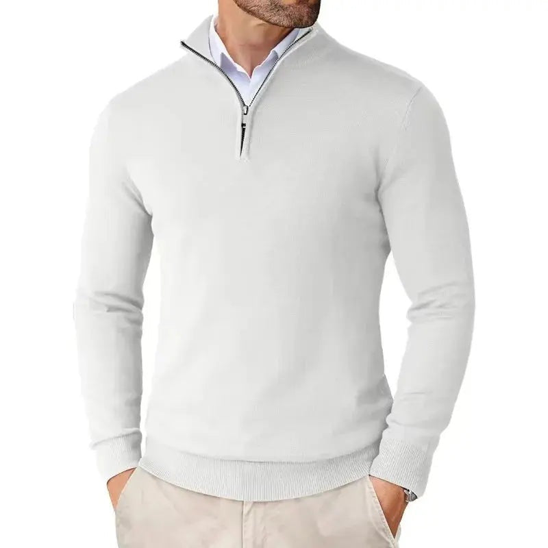 Fijngebreide slim fit herentrui met halve rits en opstaande kraag - wit