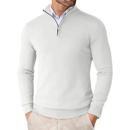 Fijngebreide slim fit herentrui met halve rits en opstaande kraag - wit