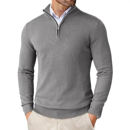 Fijngebreide slim fit herentrui met halve rits en opstaande kraag - grijs
