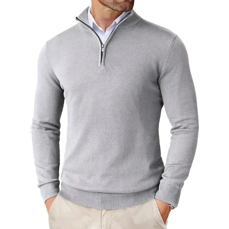 Fijngebreide slim fit herentrui met halve rits en opstaande kraag - lichtgrijs