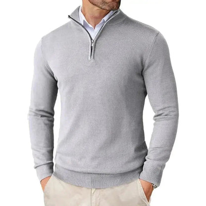 Fijngebreide slim fit herentrui met halve rits en opstaande kraag - lichtgrijs