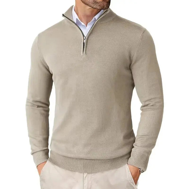 Fijngebreide slim fit herentrui met halve rits en opstaande kraag - beige