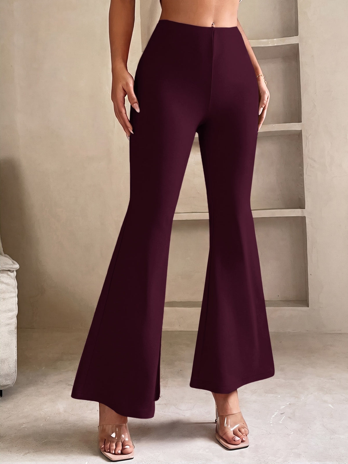 Flared broek voor dames in petite lengte met elastische taille en wijde pijp - bordeaux