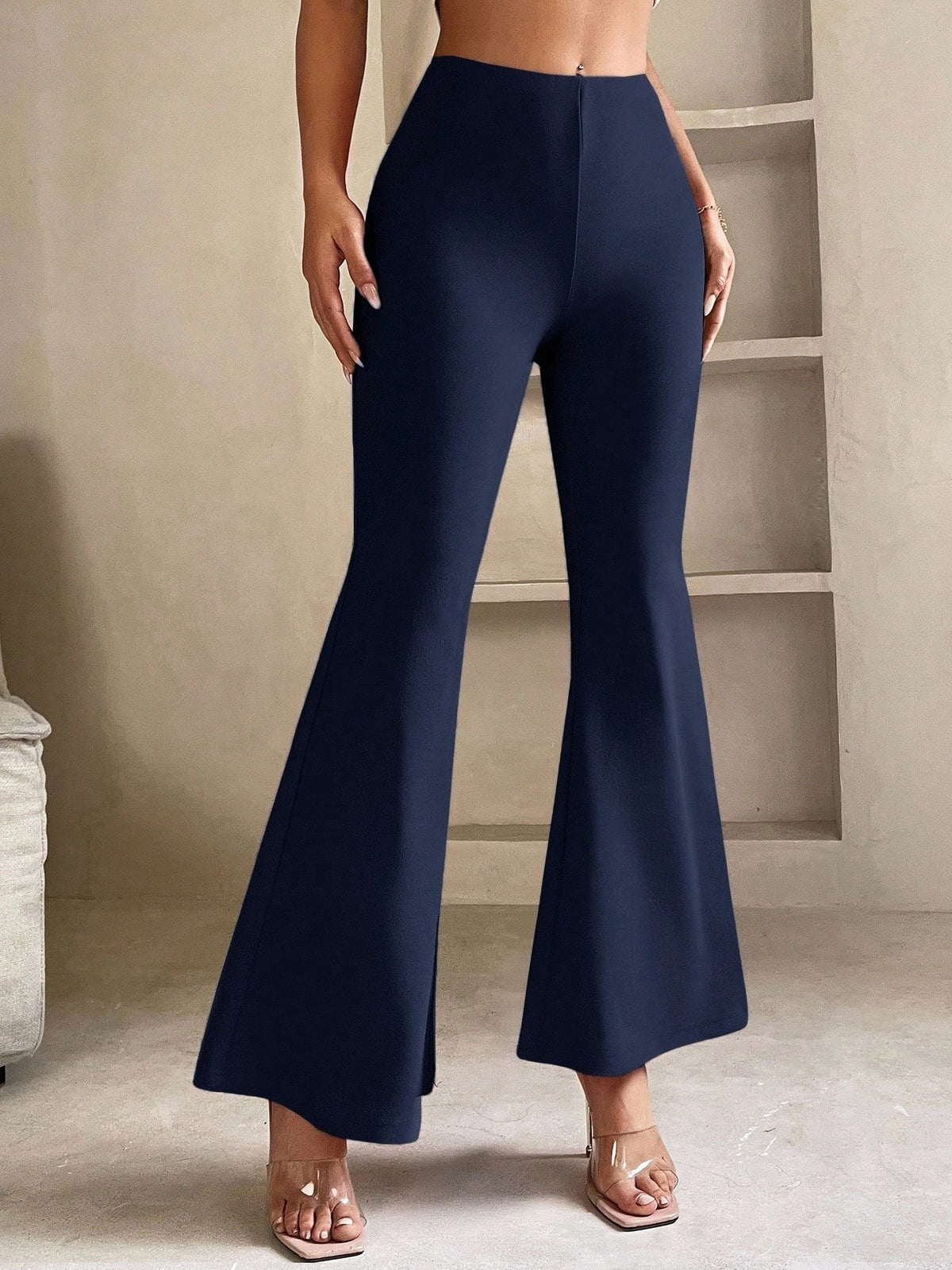 Flared broek voor dames in petite lengte met elastische taille en wijde pijp - marineblauw