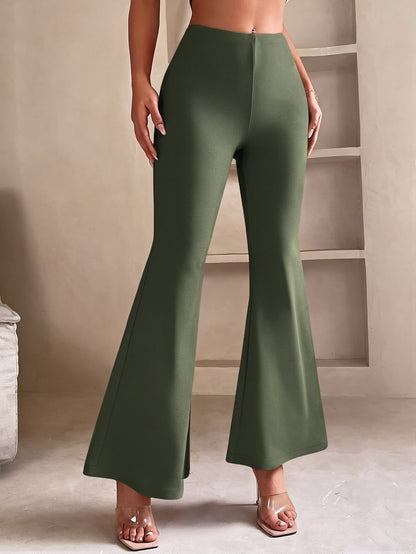 Flared broek voor dames in petite lengte met elastische taille en wijde pijp - legergroen