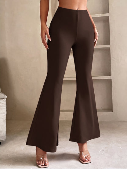 Flared broek voor dames in petite lengte met elastische taille en wijde pijp - donkerbruin