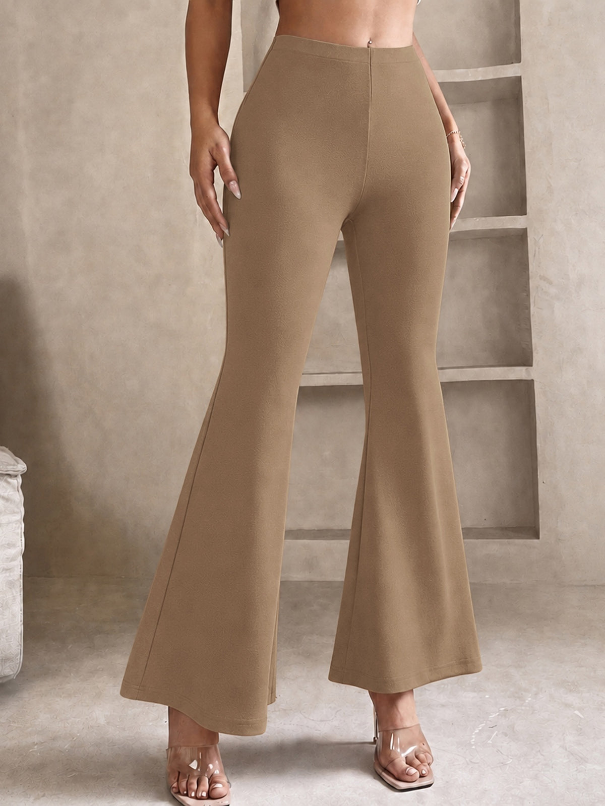 Flared broek voor dames in petite lengte met elastische taille en wijde pijp - camel