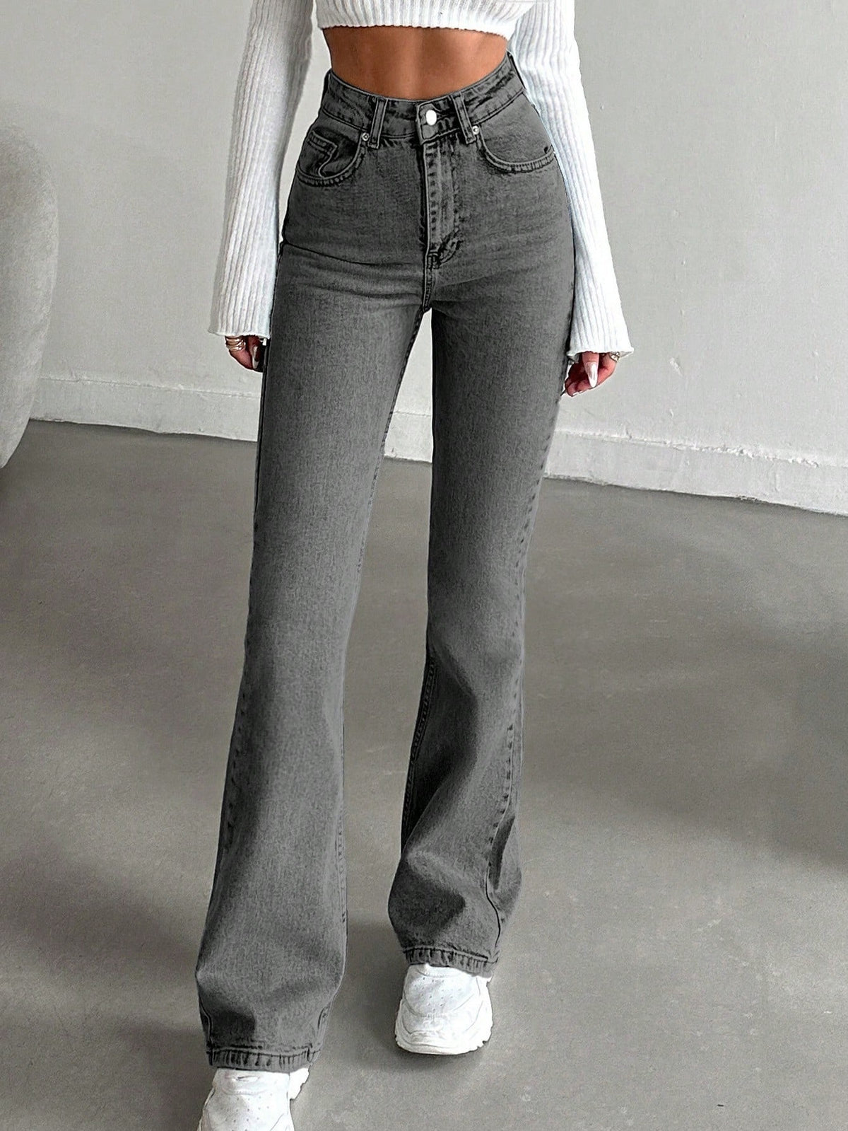 Flared jeans voor lange vrouwen met hoge taille en uitlopende pijp - grijs