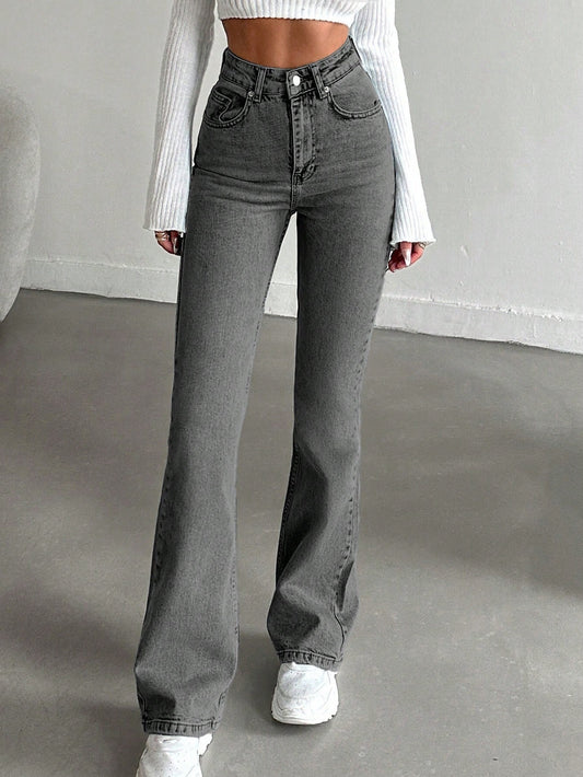 Flared jeans voor lange vrouwen met hoge taille en uitlopende pijp - grijs