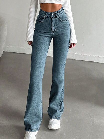 Flared jeans voor lange vrouwen met hoge taille en uitlopende pijp - grijsblauw