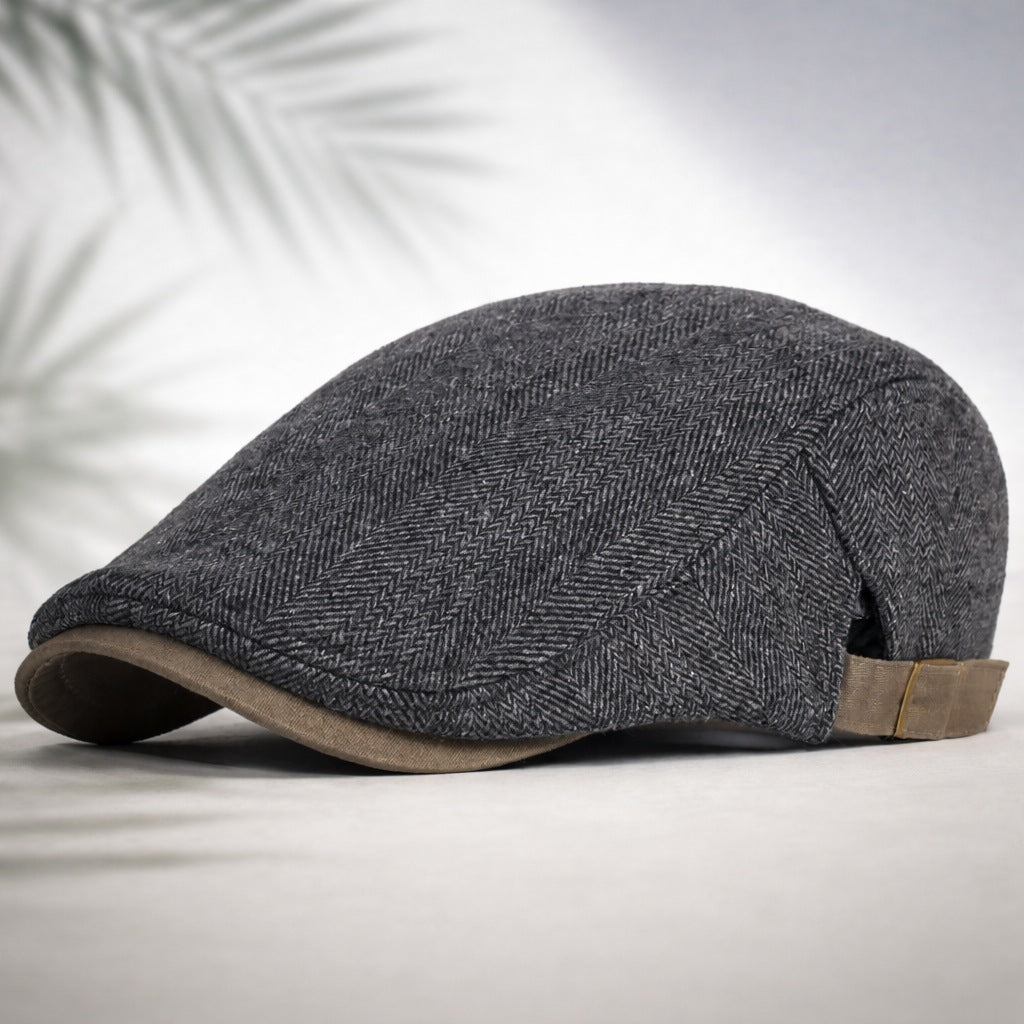 Flat cap met visgraatmotief en verstelbaar bandje - antraciet met taupe