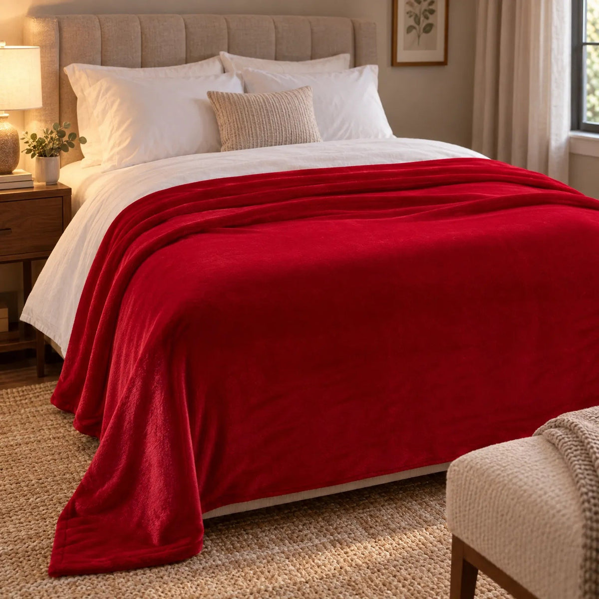 Effen fleece deken van flanel over een bed
