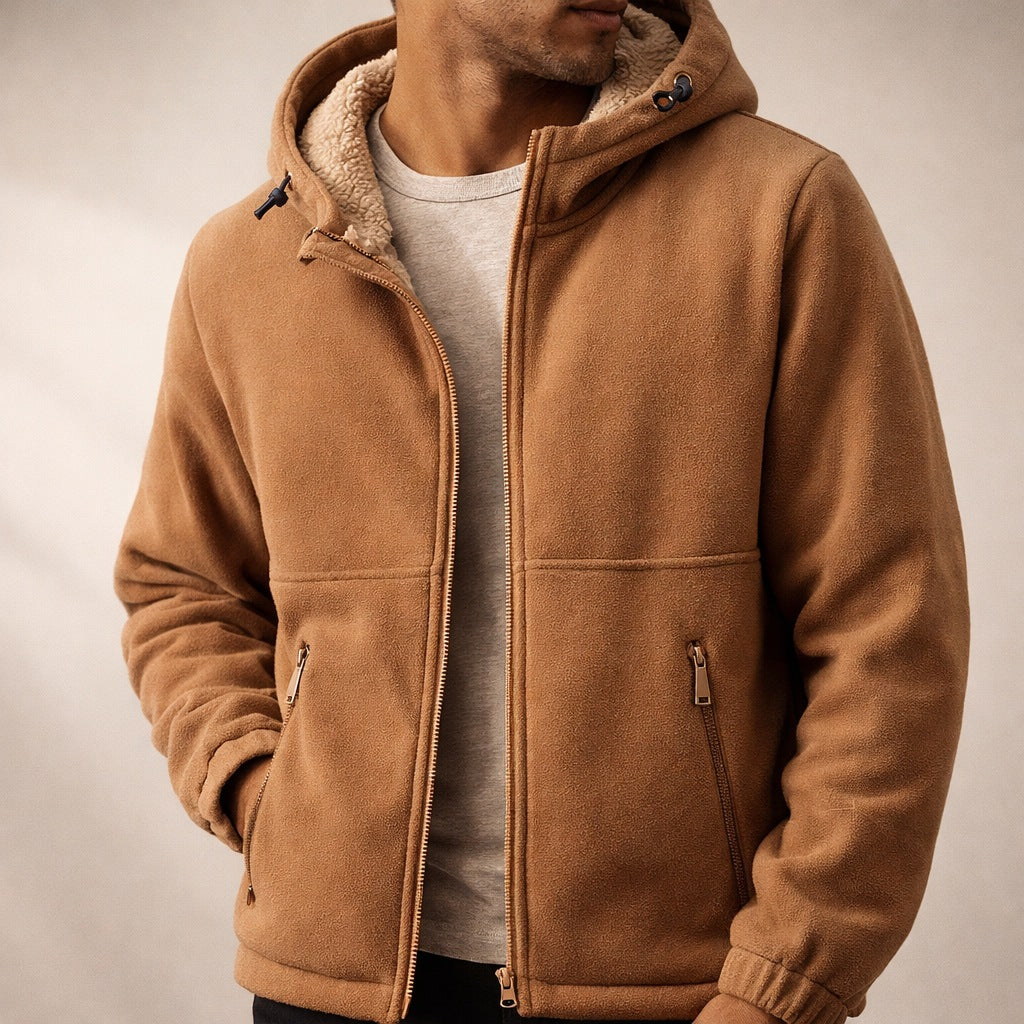 Fleece herenjack met teddyvoering en verstelbare capuchon - karamel