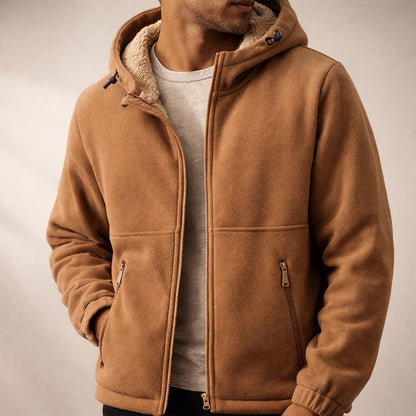 Fleece herenjack met teddyvoering en verstelbare capuchon - karamel