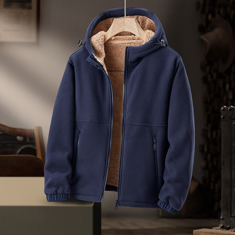 Fleece herenjack met teddyvoering en verstelbare capuchon - marineblauw