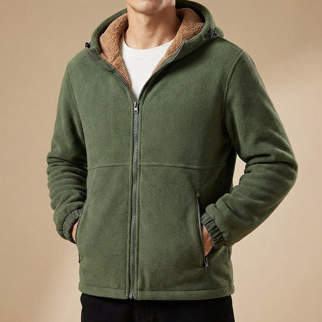 Fleece herenjack met teddyvoering en verstelbare capuchon - olijfgroen