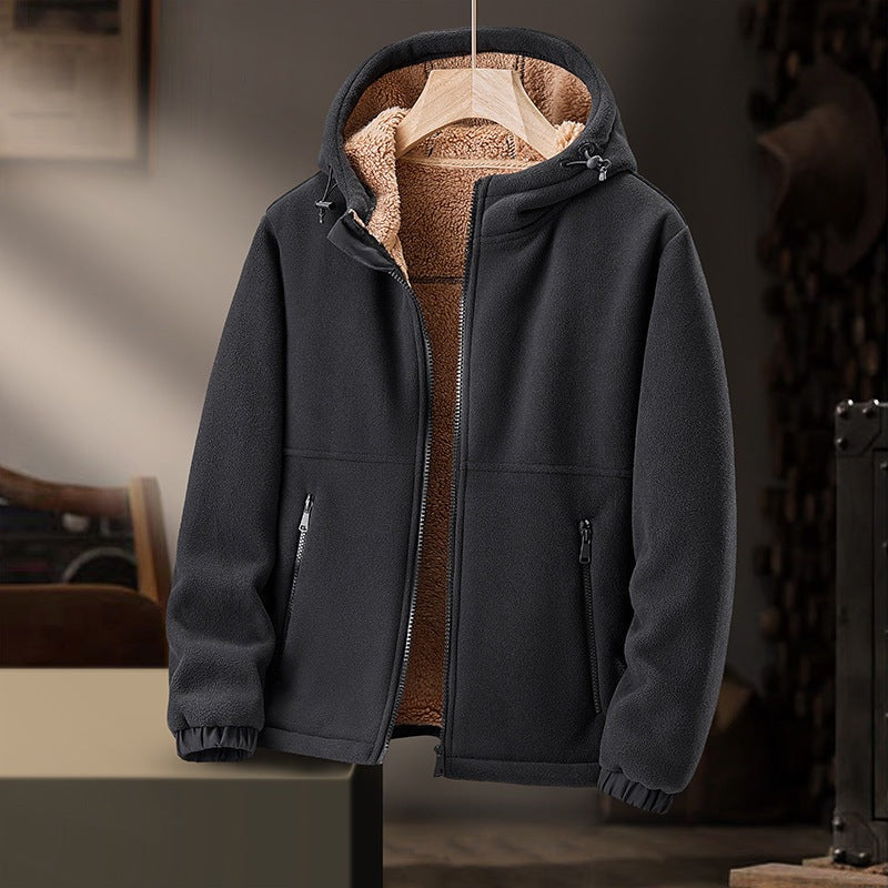 Fleece herenjack met teddyvoering en verstelbare capuchon - zwart