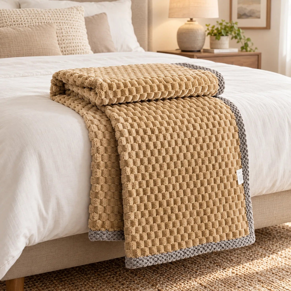 Fleece plaid met blokreliëf en een gebreide rand over de rand van een bed