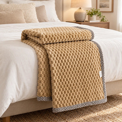 Fleece plaid met blokreliëf en een gebreide rand over de rand van een bed