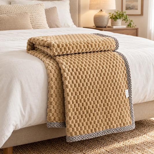 Fleece plaid met blokreliëf en een gebreide rand over de rand van een bed