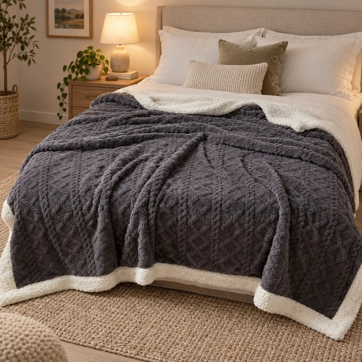 Omkeerbare fleece plaid met kabelpatroon en sherpa achterkant