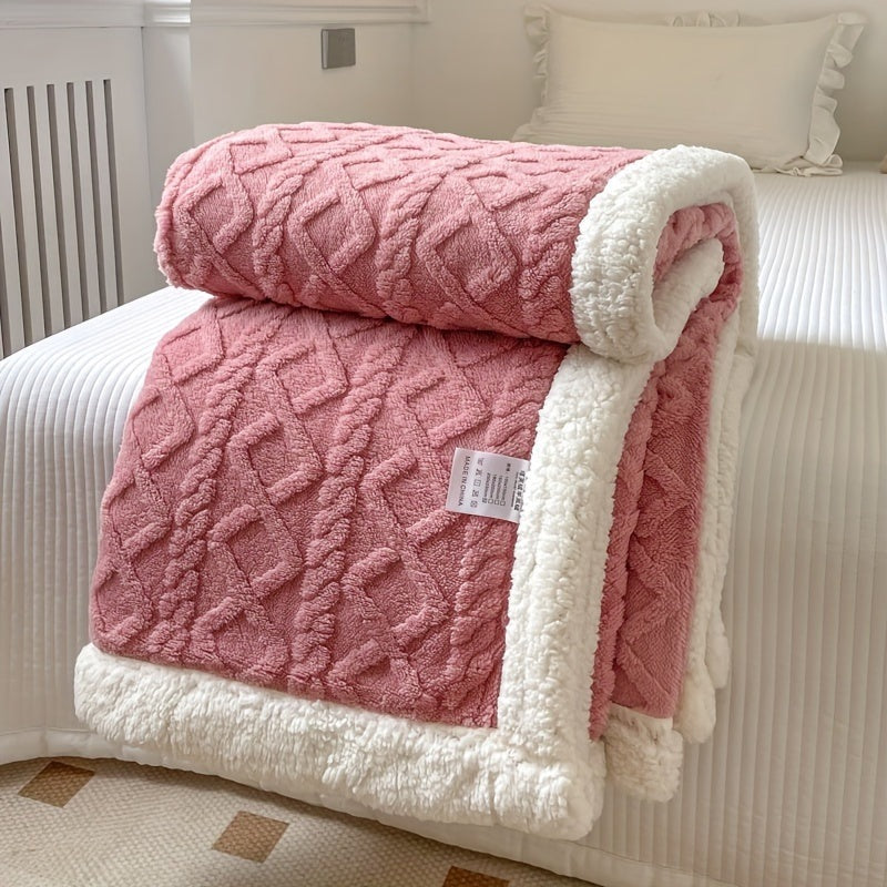 Omkeerbare fleece plaid met kabelpatroon en sherpa achterkant - oudroze
