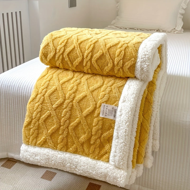 Omkeerbare fleece plaid met kabelpatroon en sherpa achterkant - okergeel