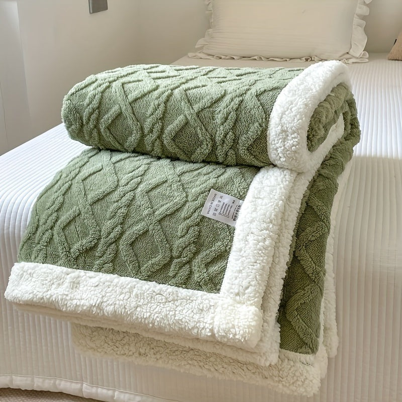 Omkeerbare fleece plaid met kabelpatroon en sherpa achterkant - olijfgroen