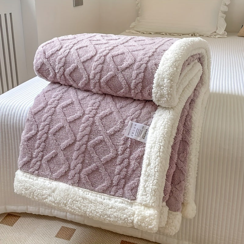 Omkeerbare fleece plaid met kabelpatroon en sherpa achterkant - lila