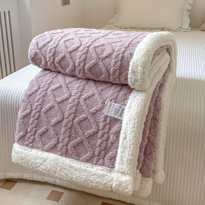 Omkeerbare fleece plaid met kabelpatroon en sherpa achterkant - lila