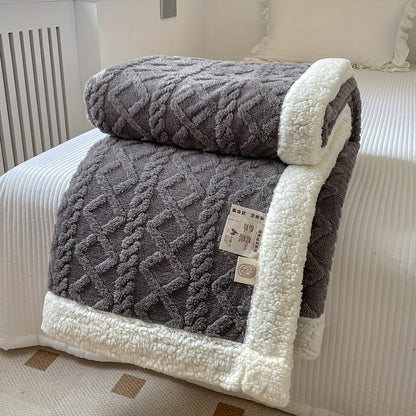 Omkeerbare fleece plaid met kabelpatroon en sherpa achterkant - antraciet