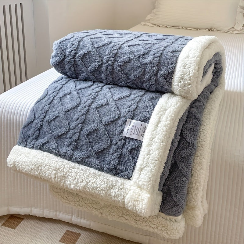 Omkeerbare fleece plaid met kabelpatroon en sherpa achterkant - grijsblauw