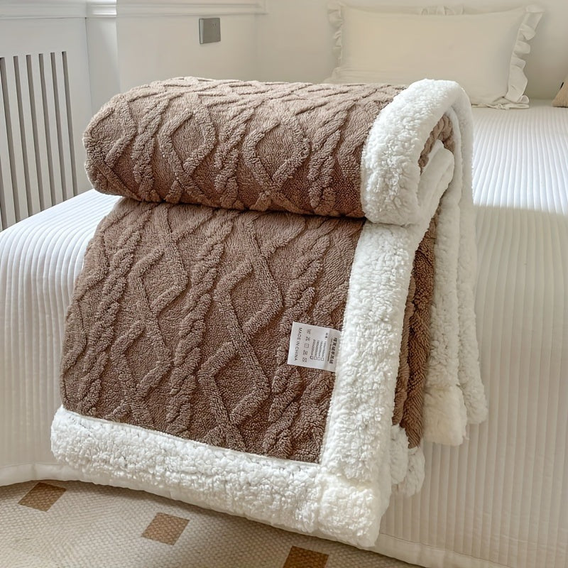 Omkeerbare fleece plaid met kabelpatroon en sherpa achterkant - bruin