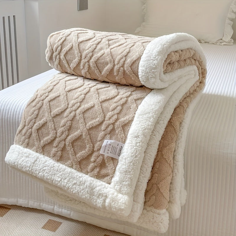 Omkeerbare fleece plaid met kabelpatroon en sherpa achterkant - beige