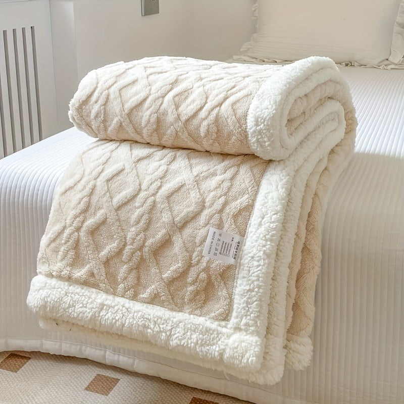 Omkeerbare fleece plaid met kabelpatroon en sherpa achterkant - crème