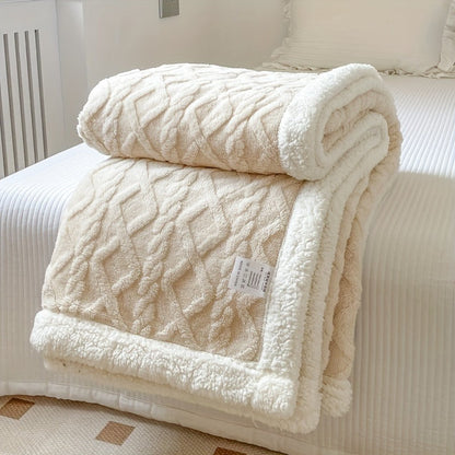 Omkeerbare fleece plaid met kabelpatroon en sherpa achterkant - crème