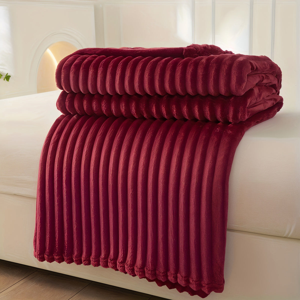 Fleece plaid met ribbelstructuur van zacht pluche - bordeaux