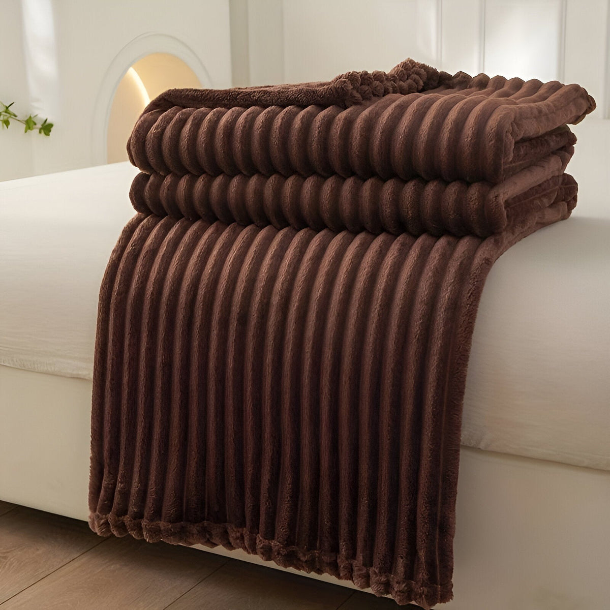 Fleece plaid met ribbelstructuur van zacht pluche - chocoladebruin