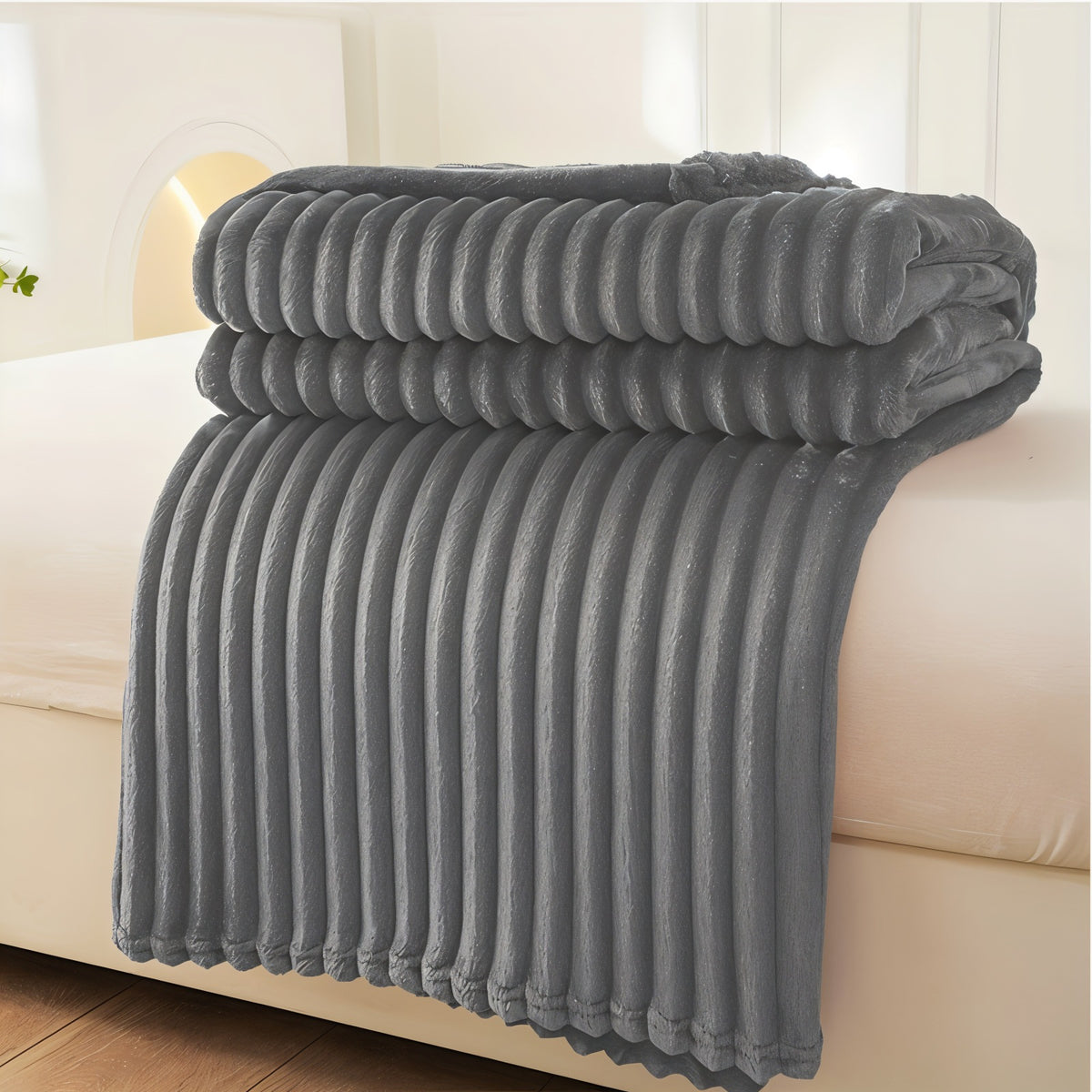 Fleece plaid met ribbelstructuur van zacht pluche - staalgrijs
