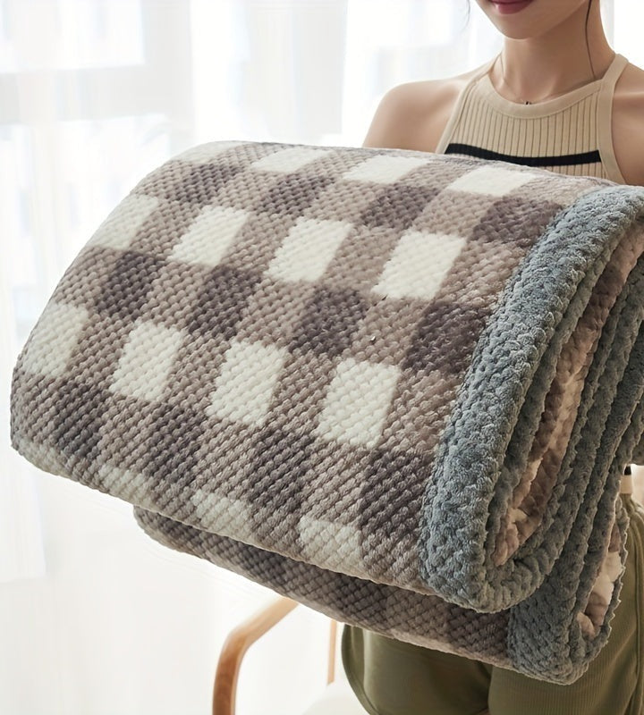 Fleece plaid met ruitpatroon en wafelstructuur - bruin geruit