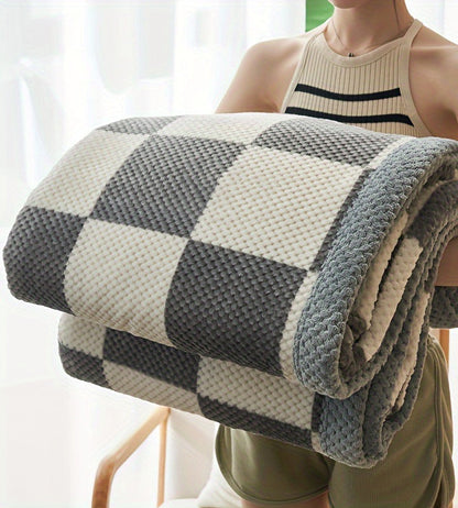 Fleece plaid met ruitpatroon en wafelstructuur - grijs blokruit