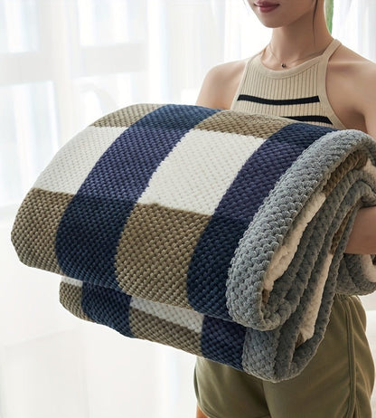 Fleece plaid met ruitpatroon en wafelstructuur - blauw geruit