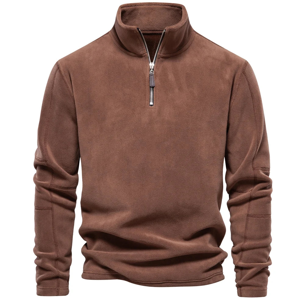 Fleece quarter-zip herentrui met opstaande kraag - bruin