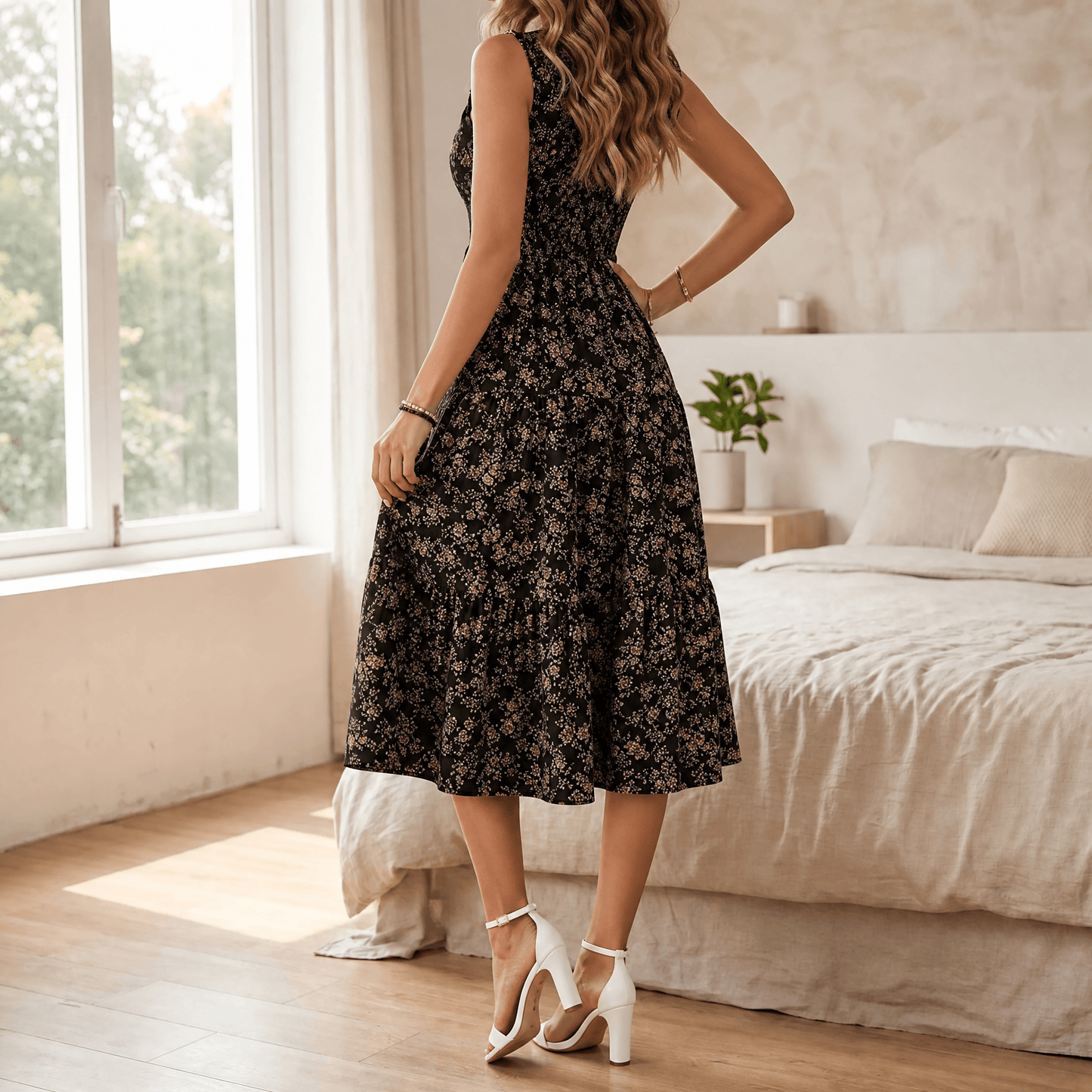 Gesmokte midi-jurk dames met bloemenprint in Zwart met bloemen