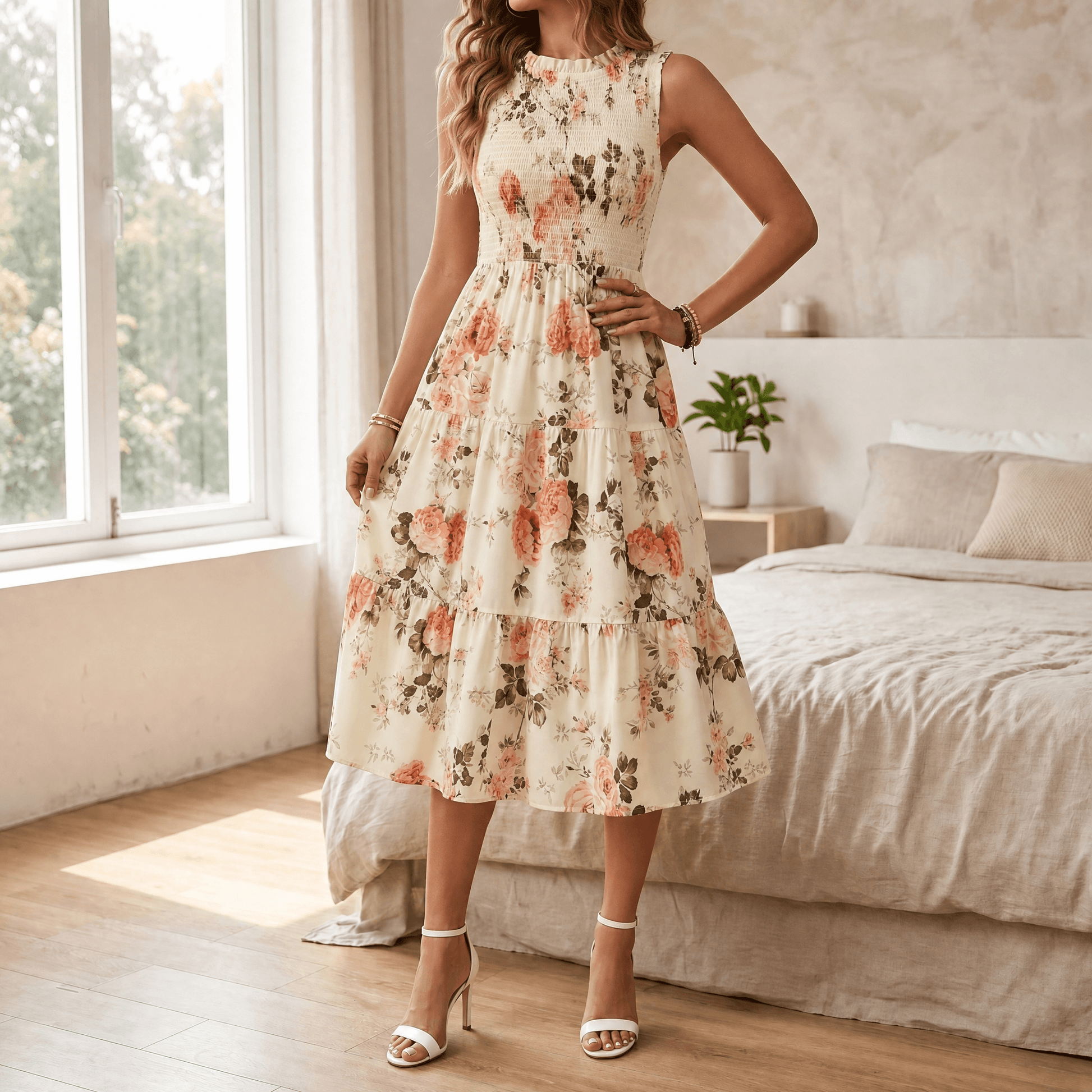 Gesmokte midi-jurk dames met bloemenprint in Crème met rozen