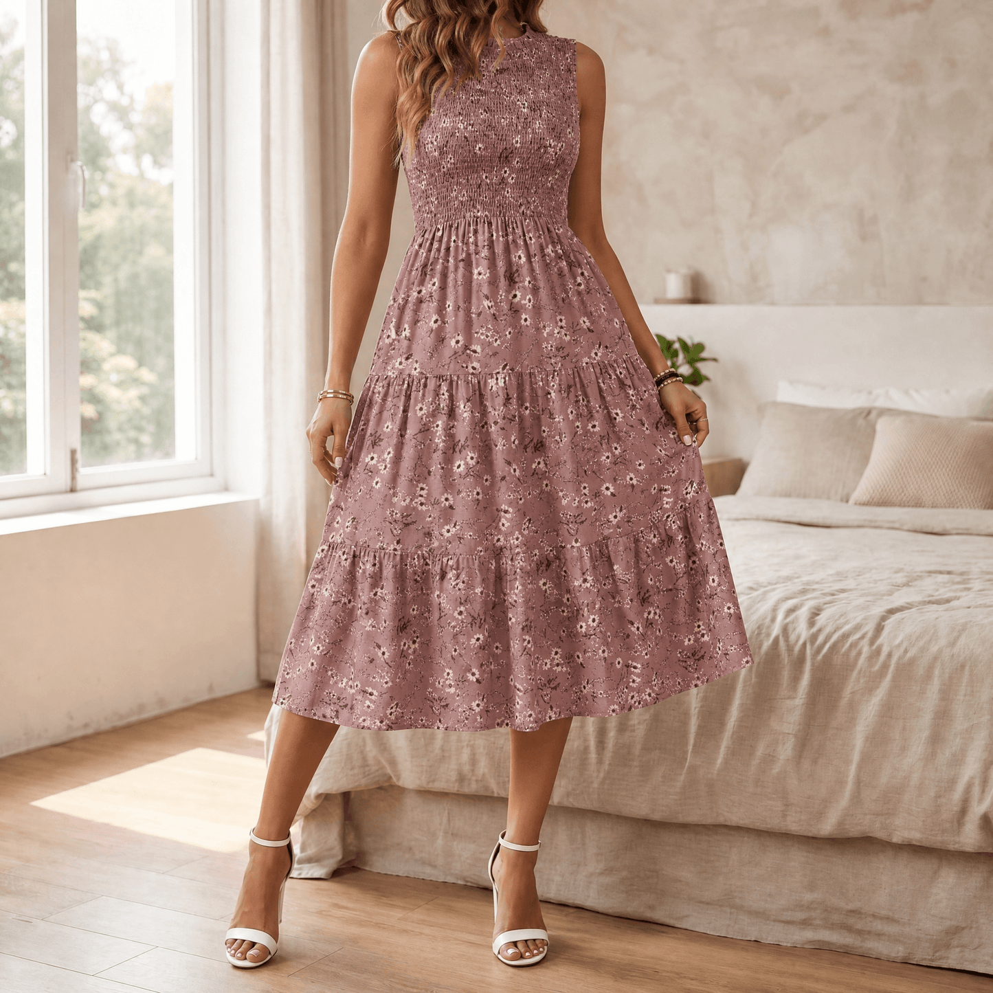 Gesmokte midi-jurk dames met bloemenprint in Oudroze